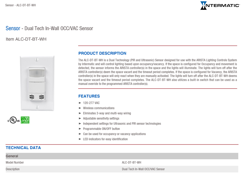 ALC-DT-BT-WH Technical Data Sheet