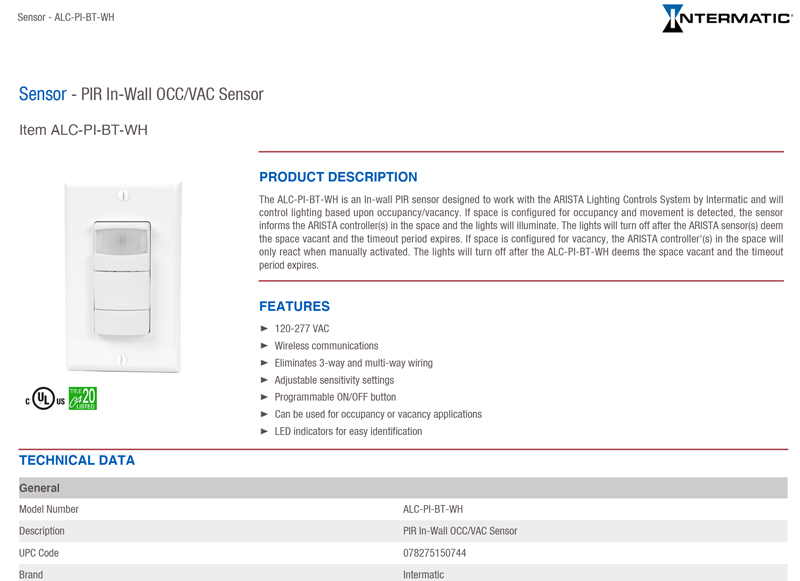 ALC-PI-BT-WH Technical Data Sheet